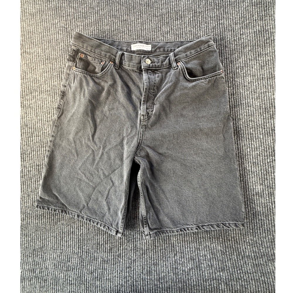 Topshop Editor Denim Shorts Washed Black Grey Button Fly Size 12 US 16 UK